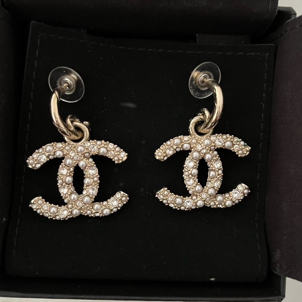 CHANEL Gold and Pearl CC Logo Earrings